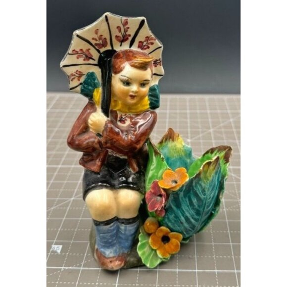 Numbered Italian Majolica Ceramic Child With Umbrella Planter Figure - Picture 1 of 6
